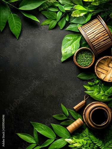 Natural Herbal Spa Background with Green Leaves and Copy Space