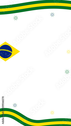 Brazilian flag with wavy ribbon frame and fireworks on white background.