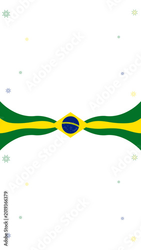 Brazil national wavy ribbon banner with flag emblem and fireworks.