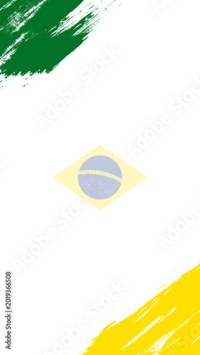 Abstract Brazil flag colors brush stroke corners with faded emblem.