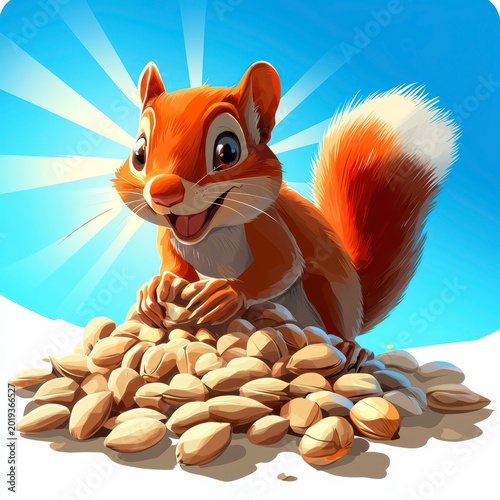 Happy Cartoon Squirrel Eating Nuts Illustration on Sunny Background