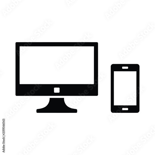 computer monitor and smartphone icon set black silhouette on white background