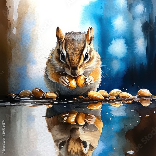 Cute Watercolor Chipmunk Eating Nuts with Reflection