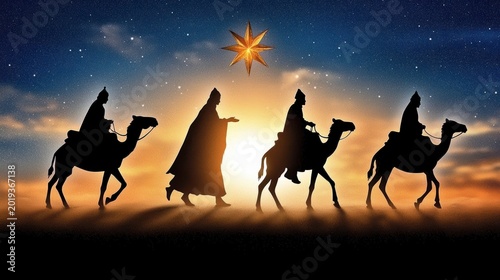 Three Kings Journey Silhouette with Star of Bethlehem - Christmas Nativity Illustration