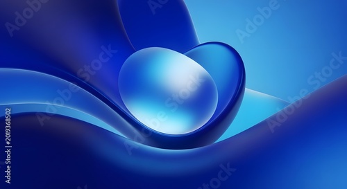 Abstract blue background with shimmering sphere and wavy lines