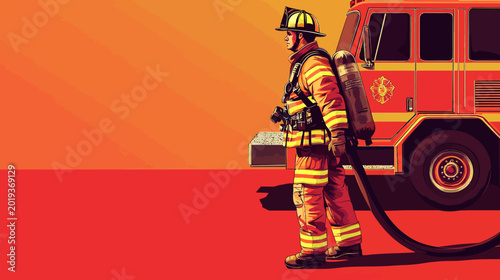 Firefighter standing besides a fire truck on orange background