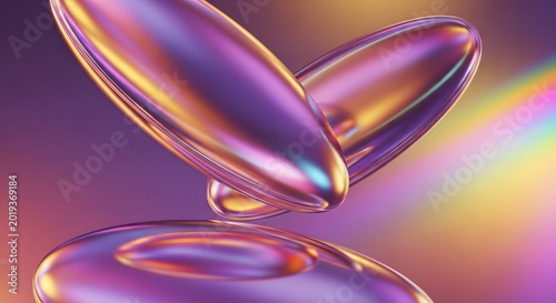 Iridescent liquid droplets in vibrant purple and gold hues abstract fluid art for cosmetic or technology branding