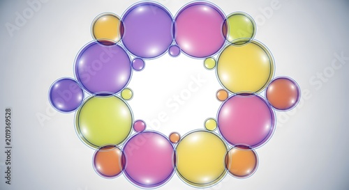 Colorful iridescent bubbles arranged in a circular wreath formation against a bright white backdrop digital illustration