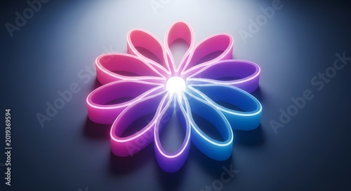 Vibrant neon flower sculpture with gradient petals in pink purple and blue hues illuminated from within on a dark background