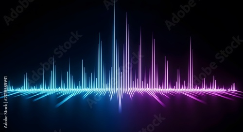 Neon sound wave visualization with vibrant blue and magenta spectrum on a dark background representing audio equalization