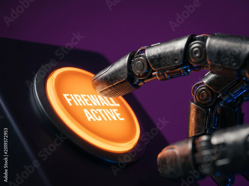 Robotic hand pressing glowing orange button for firewall activation closeup.