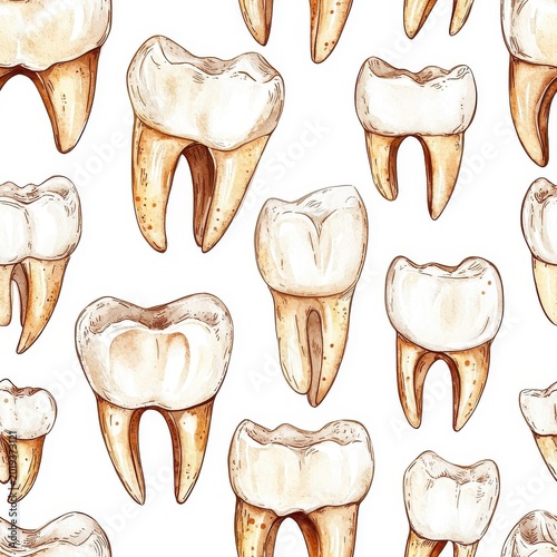 Watercolor seamless pattern of tooth icons, isolated on white