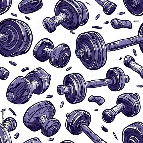 Flat style seamless pattern of dumbbells isolated on a white background.