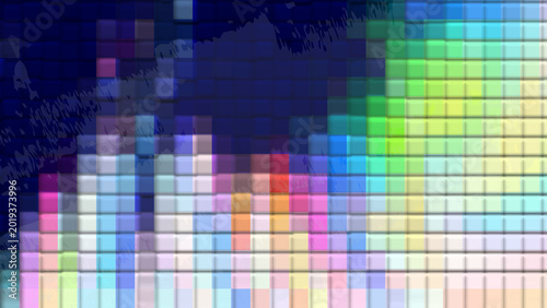 Blue Gradient Pixel Grid Background with Abstract Rainbow Mosaic Squares and Futuristic Digital Texture