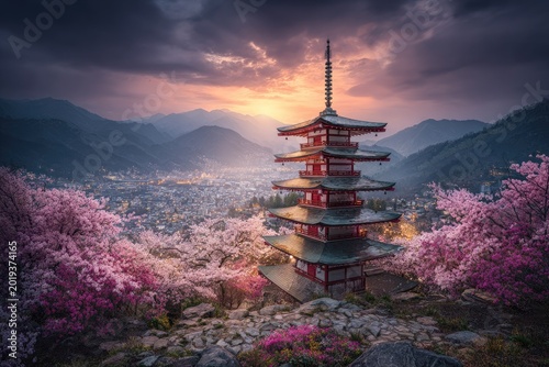 Chureito Pagoda at Sunset with Cherry Blossoms