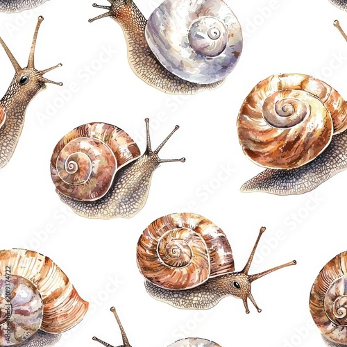Watercolor seamless pattern of snails, gentle colors, isolated on white background.