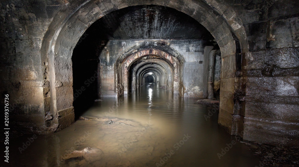 Fototapeta premium Flooded underground stone tunnel with arched brick ceiling