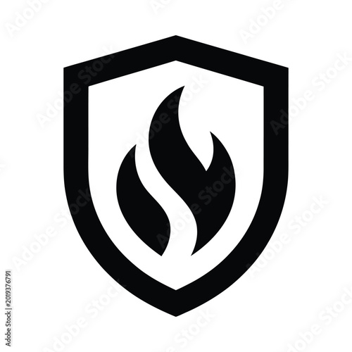 shield with flame icon black and white security symbol on white background