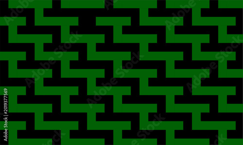 Seamless Sayagata Pattern with Green and Black Geometric Maze Design