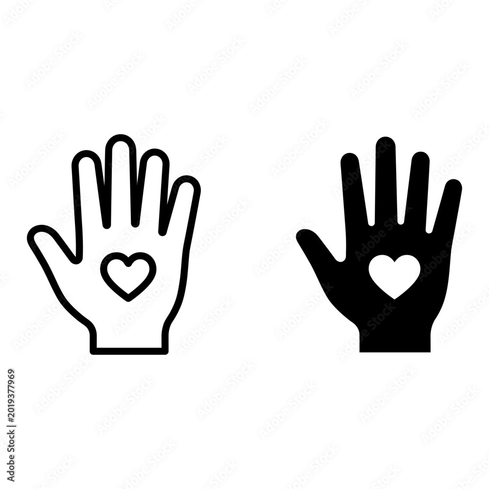 Obraz premium Hand with heart icon set, outline and solid, white background