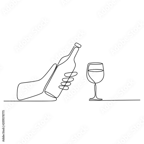 Continuous one line drawing of Beer glass bottle vector illustration.Continuous single line drawing of two wine bottles and clinking wine glasses.