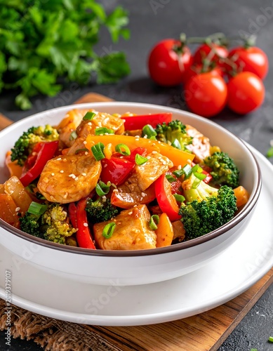 A plate of stir-fried vegetables and potatoes on a table