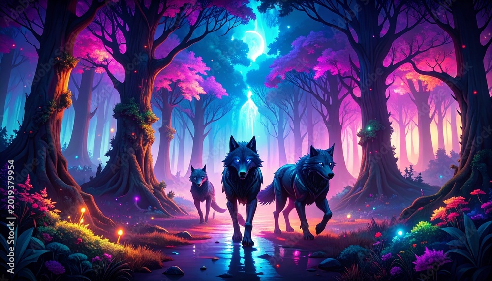 Naklejka premium Robotic wolves running through neon holographic forest at night