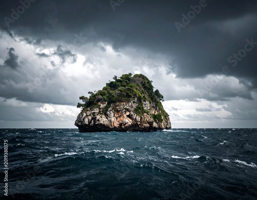 A rocky island with lush greenery under a stormy sky