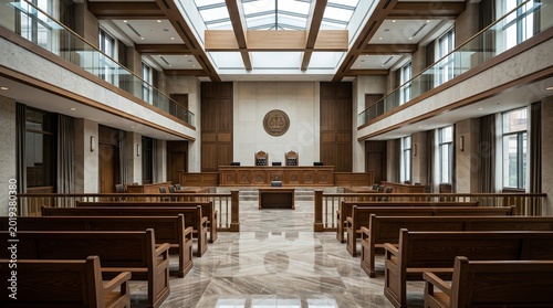 Grand and Modern Empty Courtroom Interior Designed for Legal Proceedings and Judicial Decisions, Showcasing Architectural Elegance with Natural Skylight Illumination