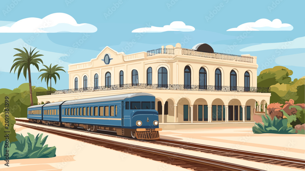 Fototapeta premium A vintage train passing in front of a stately building with palm trees