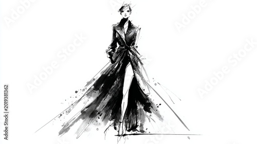 fashion runway sketch, dynamic model pose, expressive black pencil strokes, monochrome, white background, Paris fashion week aesthetic