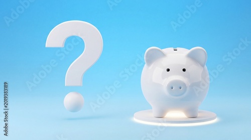 White Piggy Bank and Question Mark on Blue Background money box savings