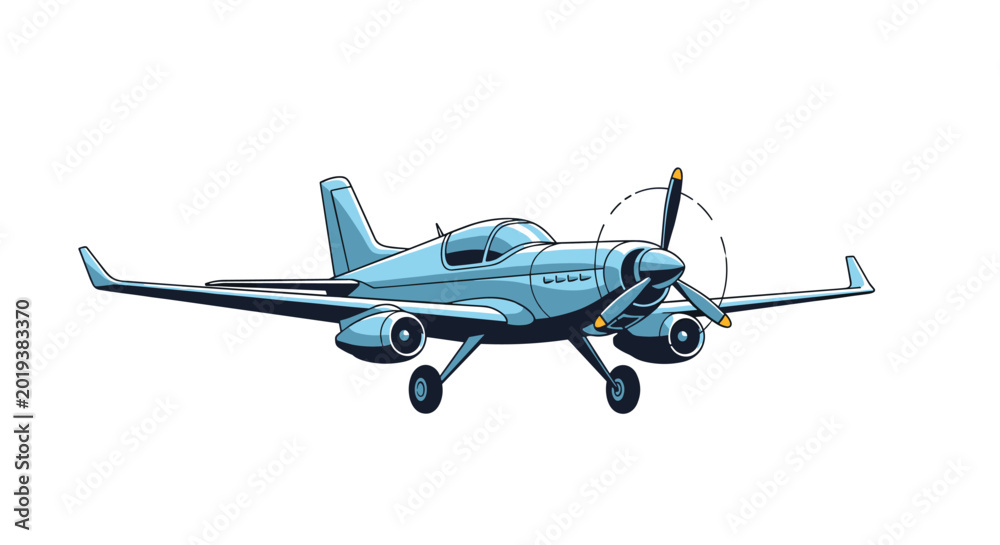 Fototapeta premium Detailed illustration of a small blue propeller airplane equipped with two engines and wheels for takeoff and landing.