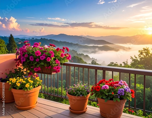 A serene balcony overlooking a foggy valley at sunrise with potted flowers