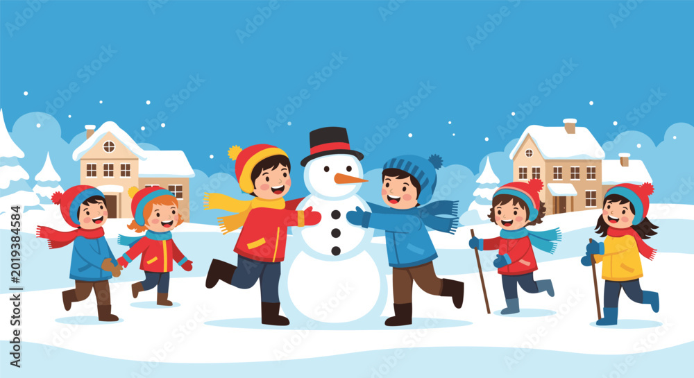 Fototapeta premium Happy group of young children wearing winter clothes and building a large snowman together in a snowy residential neighborhood.
