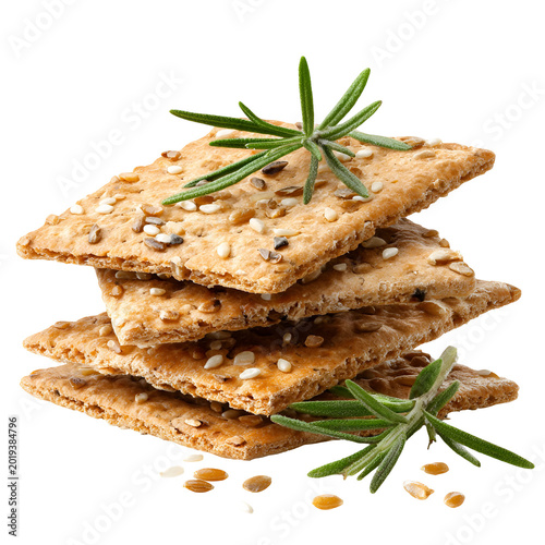 Stack of whole grain crackers with rosemary and seeds on white background