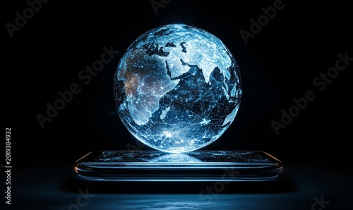 A smartphone with an interactive holographic globe floating above it, representing global connectivity and digital communication in the modern world, Generative AI