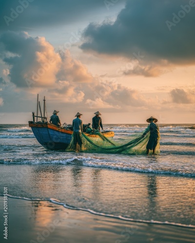 Fishermen Hauling Net from Boat at Sunrise