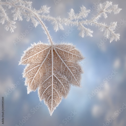 Frost-covered leaf and branch against a soft blue sky