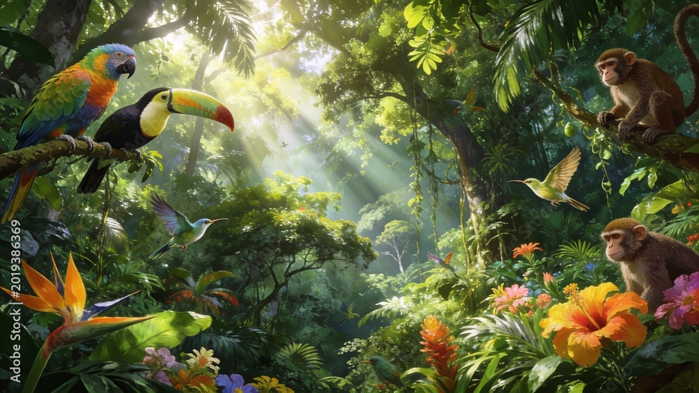 Fototapeta premium Ultra detailed , lush rainforest canopy with tropical wildlife biodiversity filled with exotic birds, parrots, toucans, hummingbirds, monkeys and colorful tropical flowers