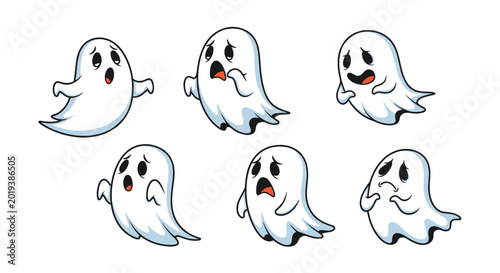 фотографія Set of six cute cartoon ghosts displaying different emotional expressions including sadness, fear, worry, and surprise