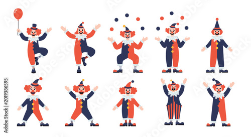 Canvastavla Collection of ten colorful clown characters in various entertaining poses such as juggling, holding a balloon, and waving on a white background