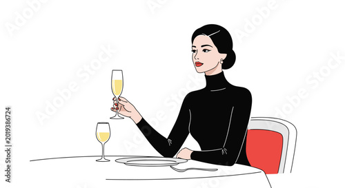 Foto Sophisticated woman in a black turtleneck sitting at a formal dining table holding a glass of champagne in an elegant setting