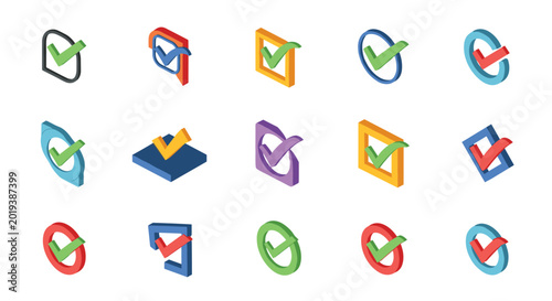 Large set of 3D isometric check mark icons in various bright colors and shapes for task completion and approval.