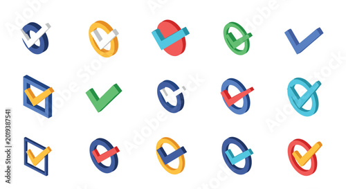 Bild auf Leinwand Variety of colorful 3D isometric check mark symbols in different orientations and frame styles for UI design