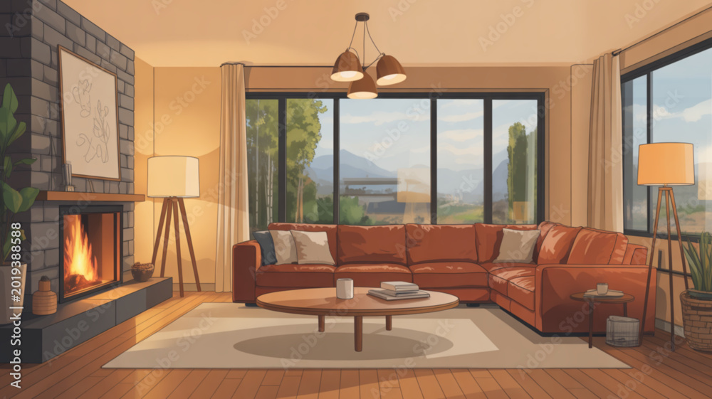 Fototapeta premium Cozy living room with a large sectional sofa fireplace and large windows overlooking a scenic landscape perfect for home decor and interior design concepts