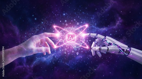 AI, Machine learning, Hands of robot and human touching on big data network connection, Data exchange, deep learning, Science and artificial intelligence technology, innovation of futuristic