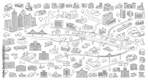 Obraz na płótnie Detailed hand drawn sketch of a city map with buildings and roads