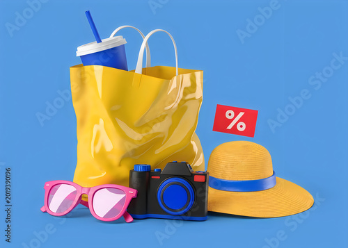 Yellow shopping bag with summer vacation accessories camera hat and sunglasses on a blue background