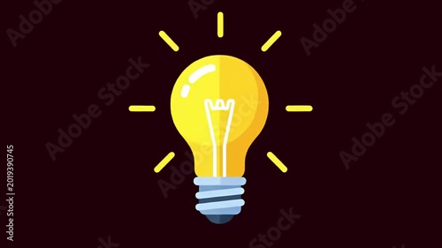 Glowing, cartoon lightbulb with light rays on a dark brown background